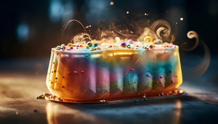 A glowing birthday cake with multi colored icing and candy decorations generated by artificial intelligenceの素材