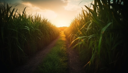 A tranquil sunset over a corn crop in a rural scene generated by artificial intelligenceの素材