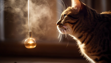 Fluffy yellow kitten sitting in glowing window, playful and cute generated by artificial intelligenceの素材