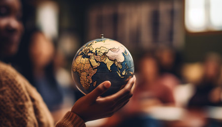 Holding the globe, a group of people study cartography indoors generated by artificial intelligenceの素材