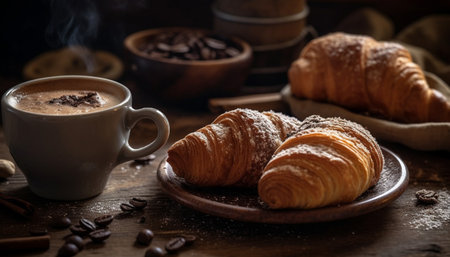 Freshly baked croissant on rustic wood table with latte saucer generated by artificial intelligenceの素材