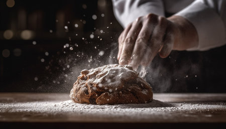 Handmade dessert preparation baking sweet pies, cookies, and bread generated by artificial intelligenceの素材