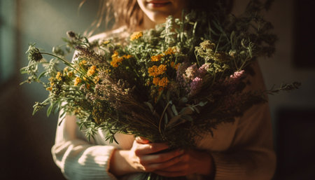 One woman holding a bunch of yellow flowers outdoors generated by artificial intelligenceの素材