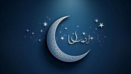 Ramadan night Ornate minaret illuminated by crescent moon and lantern generated by artificial intelligenceの素材