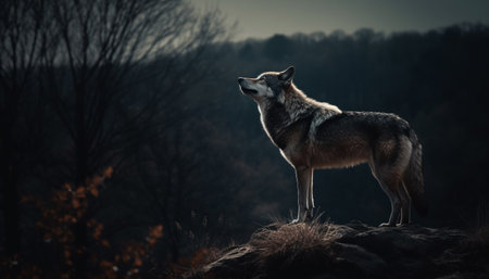 Gray wolf howling in the wilderness, alertness in animal eye generated by artificial intelligenceの素材