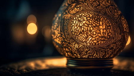 Antique lantern illuminates table, glowing with candlelight and ornate decoration generated by artificial intelligenceの素材