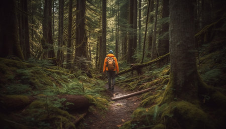 Caucasian explorer standing, enjoying tranquil rural scene, backpacking through autumn forest generated by artificial intelligenceの素材
