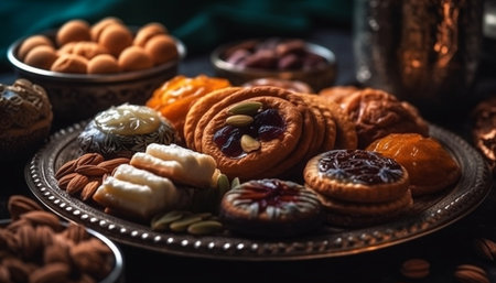 Indulgent homemade dessert tray with a variety of sweet treats generated by artificial intelligenceの素材