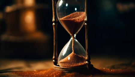 Antique hourglass, old fashioned timer, measuring time, transparent glass material generated by artificial intelligenceの素材
