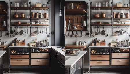 Rustic kitchenware collection decorates modern domestic kitchen shelf inside home generated by artificial intelligenceの素材