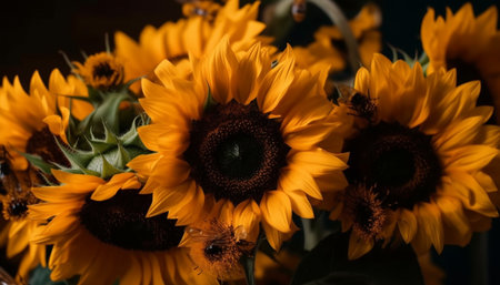 Vibrant sunflower blossom attracts bees in nature organic growth generated by artificial intelligenceの素材