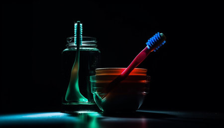 Clean dental equipment illuminated on black background for healthy hygiene generated by artificial intelligenceの素材