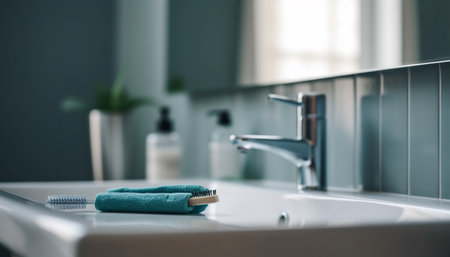 Modern elegance in a clean, comfortable domestic bathroom with chrome equipment generated by artificial intelligenceの素材