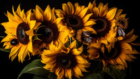 Vibrant sunflower blossom attracts honey bee for pollination in meadow generated by artificial intelligenceの素材