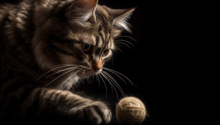 Playful kitten with striped fur and cute whiskers, sitting fluffy and pampered generated by artificial intelligenceの素材