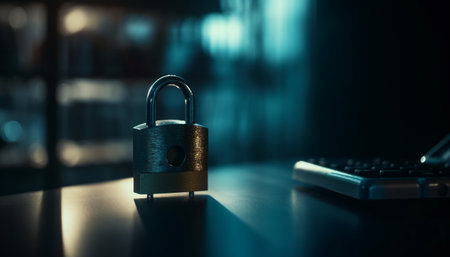 Metal padlock unlocking computer key for secure data accessibility generated by artificial intelligenceの素材