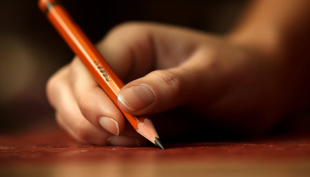 Creative student sketches ideas with yellow pencil on wooden desk generated by artificial intelligenceの素材