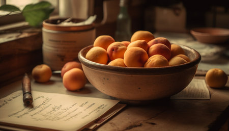 Rustic autumn vegetable bowl on old wooden table, selective focus generated by artificial intelligenceの素材