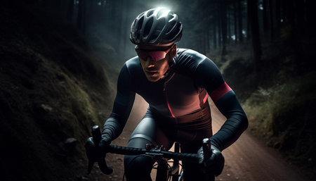 Mountain biking athlete races through forest on summer night adventure generated by artificial intelligenceの素材