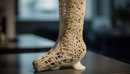 Human skeleton walking with pain, healthcare and orthopedics equipment indoors generated by artificial intelligenceの素材