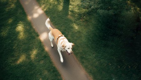 Small terrier running on footpath, looking at young animal generated by artificial intelligenceの素材