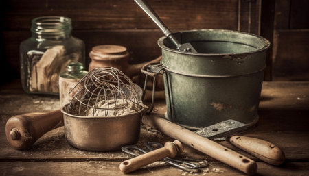 Rustic kitchen utensils mix organic ingredients for homemade baking preparation generated by artificial intelligenceの素材