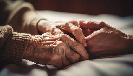 Senior adults holding hands, consoling each other in nursing home generated by artificial intelligenceの素材