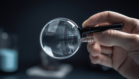 Hand holding magnifying glass analyzing metal material for scientific research generated by artificial intelligenceの素材