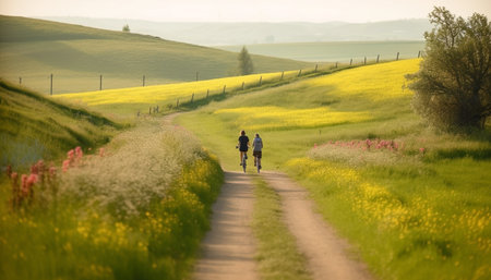 Couple hiking on footpath through tranquil meadow in summer generated by artificial intelligenceの素材