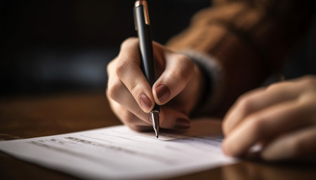 Business person holding ballpoint pen, signing contract on desk indoors generated by artificial intelligenceの素材