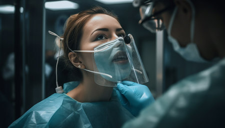 Smiling nurse in protective workwear examining patient dental health generated by artificial intelligenceの素材