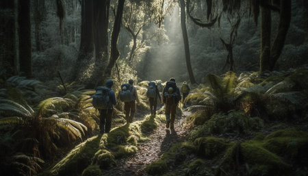 A group of young adults hike through extreme mountain terrain generated by artificial intelligenceの素材