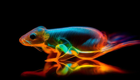 A vibrant gecko crawls underwater in a tropical blue space generated by artificial intelligenceの素材