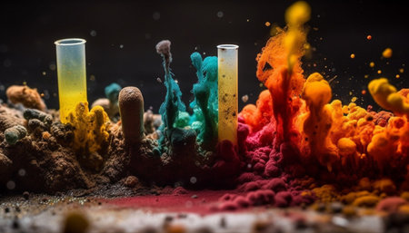 Abstract underwater laboratory research colorful fish in motion, liquid variations generated by artificial intelligenceの素材