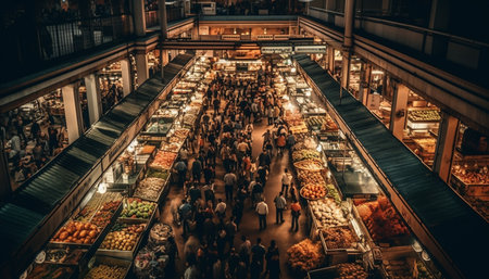 Market vendor selling fresh produce in crowded street market generated by artificial intelligenceの素材