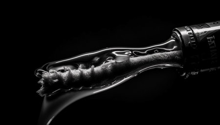 Metallic drop on black background, sharp curve in macrophotography generated by artificial intelligenceの素材