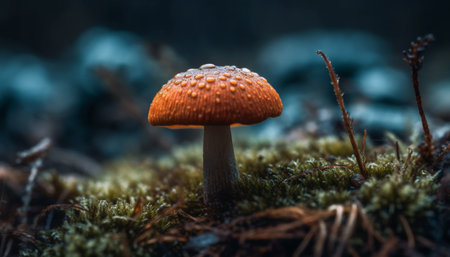 Fresh fly agaric mushroom cap spotted in uncultivated forest growth generated by artificial intelligenceの素材
