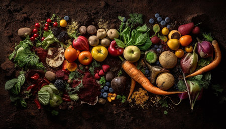 Healthy vegetable collection for autumn cooking on wooden table background generated by artificial intelligenceの素材