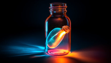 Glowing blue liquid in transparent bottle on black background illuminated generated by artificial intelligenceの素材