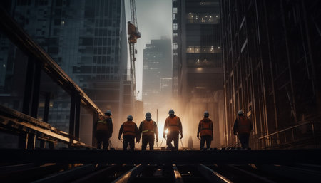 Silhouettes of working professionals in the city modern skyscrapers generated by artificial intelligenceの素材