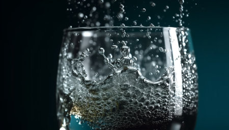 Crystal clear liquid in glass bottle reflects nature purity generated by artificial intelligenceの素材