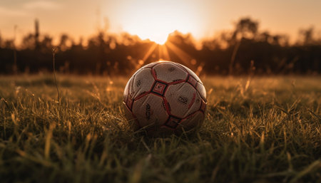 Playing soccer on a green field at sunset with teammates generated by artificial intelligenceの素材