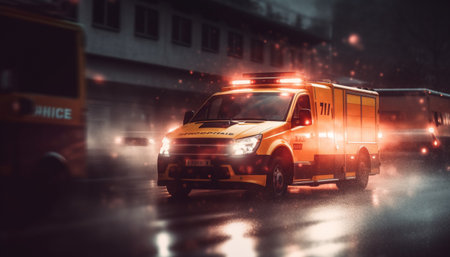 Emergency services vehicles speed through traffic at night for rescue generated by artificial intelligenceの素材