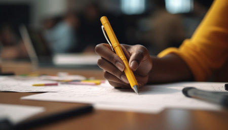 Creative professional working on design, holding pen and pencil indoors generated by artificial intelligenceの素材