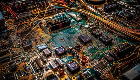Complexity of electronics industry shown in close up of soldered connections generated by artificial intelligenceの素材