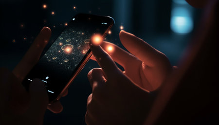 Hand holding smart phone, typing text message on touch screen generated by artificial intelligenceの素材