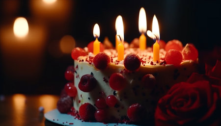 Romantic wedding gift Sweet berry cheesecake with candlelight illumination generated by artificial intelligenceの素材