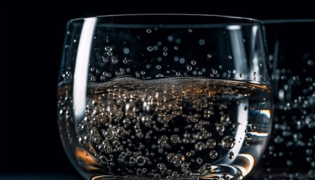 Crystal wineglass pouring luxury champagne on black background, abstract studio shot generated by artificial intelligenceの素材