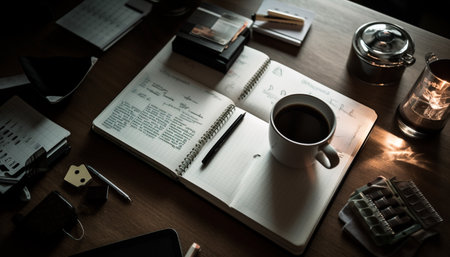 Modern office desk with laptop, coffee cup, and technology equipment generated by artificial intelligenceの素材