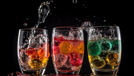 Refreshing cocktail with whiskey, soda, and fresh fruit garnish generated by artificial intelligenceの素材